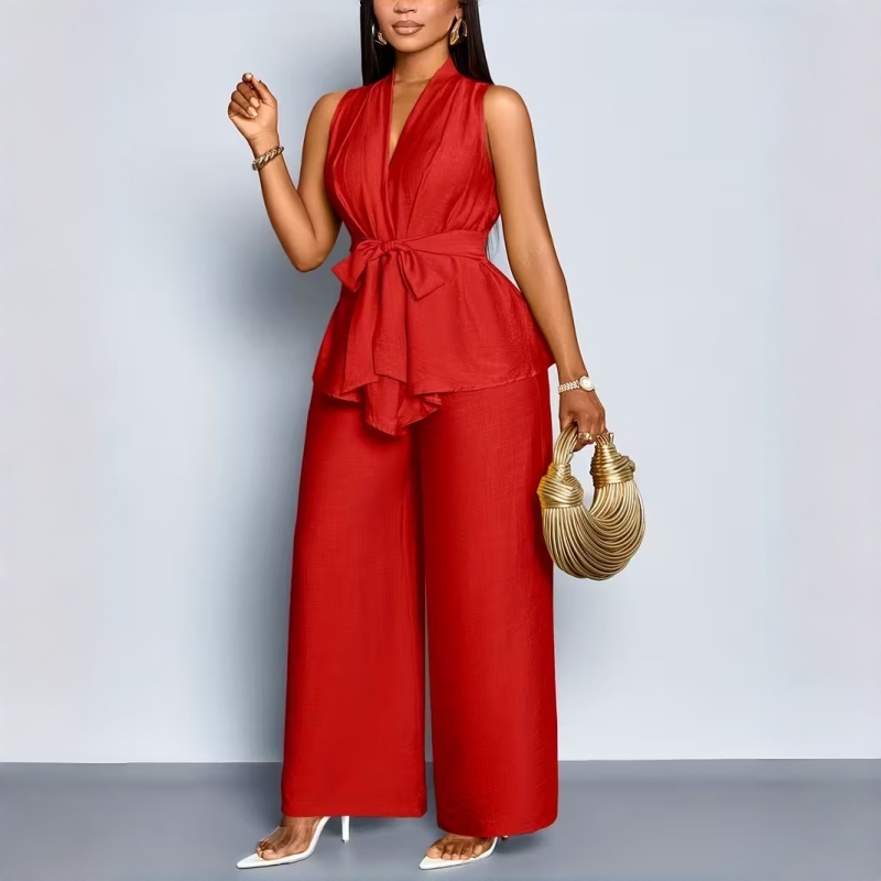 Elegant Summer New Women's 2-Piece Outfit Solid Color V Neck Sleeveless Peplum Top and Wide Leg Pants Slim Fit European American Style Two Piece Set