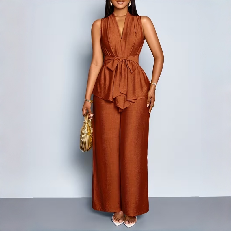 Elegant Summer New Women's 2-Piece Outfit Solid Color V Neck Sleeveless Peplum Top and Wide Leg Pants Slim Fit European American Style Two Piece Set