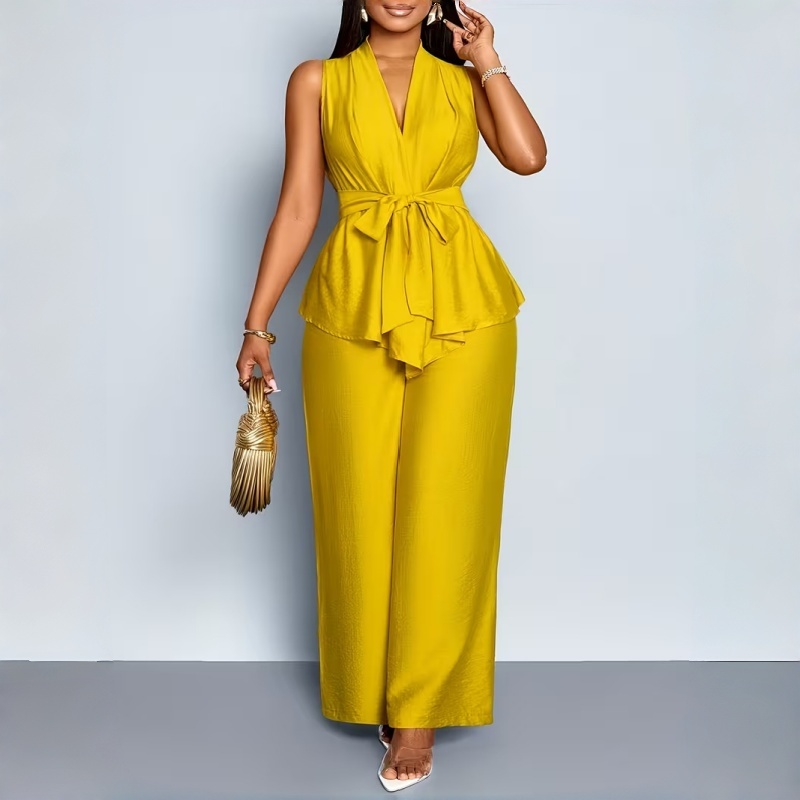 Elegant Summer New Women's 2-Piece Outfit Solid Color V Neck Sleeveless Peplum Top and Wide Leg Pants Slim Fit European American Style Two Piece Set