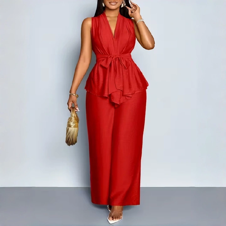 Elegant Summer New Women's 2-Piece Outfit Solid Color V Neck Sleeveless Peplum Top and Wide Leg Pants Slim Fit European American Style Two Piece Set