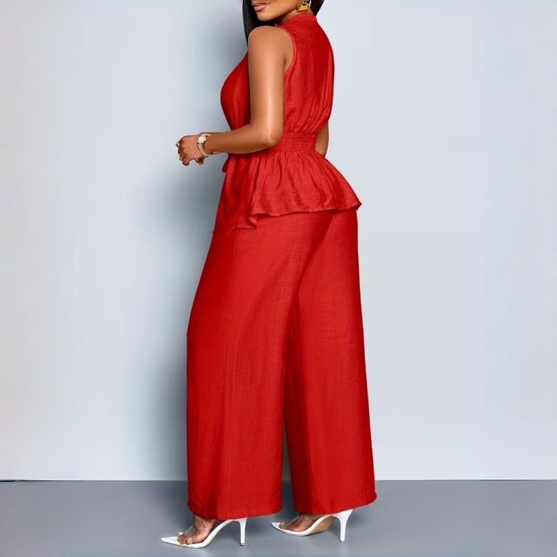 Elegant Summer New Women's 2-Piece Outfit Solid Color V Neck Sleeveless Peplum Top and Wide Leg Pants Slim Fit European American Style Two Piece Set