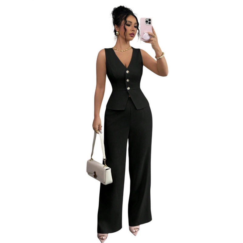 New Fashion Women's Two Piece Outfit Sleeveless V Neck Peplum Vest and High Waist Wide Leg Pants Set Solid Color Formal Casual Business Suit