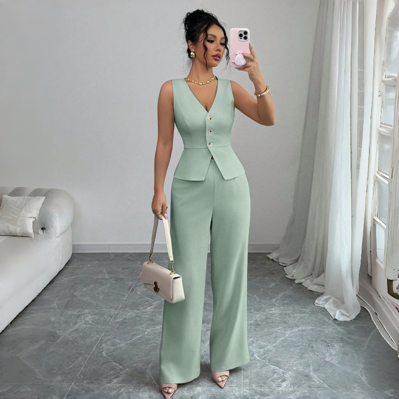 New Fashion Women's Two Piece Outfit Sleeveless V Neck Peplum Vest and High Waist Wide Leg Pants Set Solid Color Formal Casual Business Suit