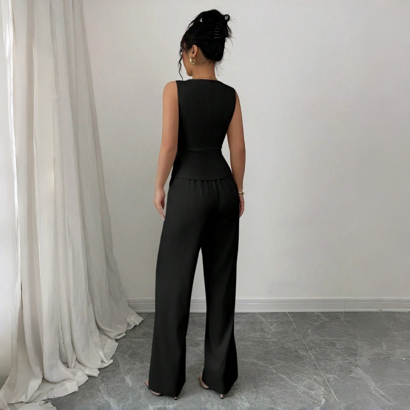 New Fashion Women's Two Piece Outfit Sleeveless V Neck Peplum Vest and High Waist Wide Leg Pants Set Solid Color Formal Casual Business Suit