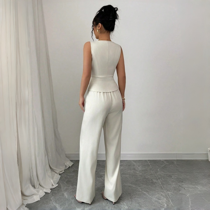 New Fashion Women's Two Piece Outfit Sleeveless V Neck Peplum Vest and High Waist Wide Leg Pants Set Solid Color Formal Casual Business Suit