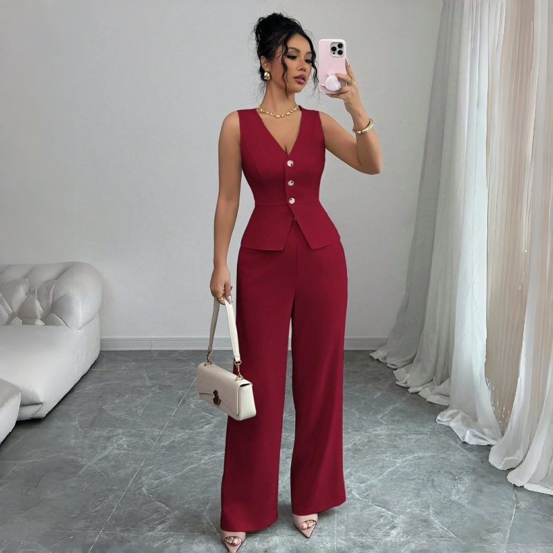 New Fashion Women's Two Piece Outfit Sleeveless V Neck Peplum Vest and High Waist Wide Leg Pants Set Solid Color Formal Casual Business Suit