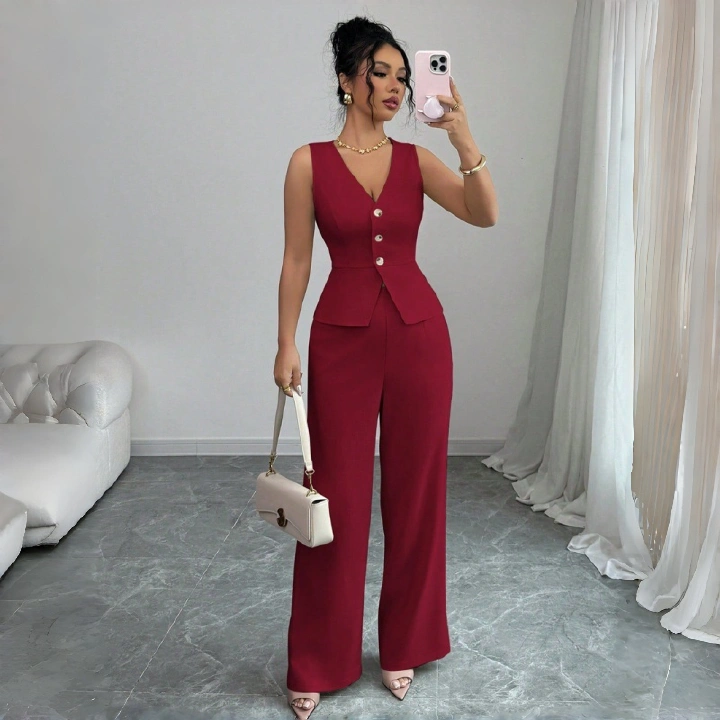 New Fashion Women's Two Piece Outfit Sleeveless V Neck Peplum Vest and High Waist Wide Leg Pants Set Solid Color Formal Casual Business Suit
