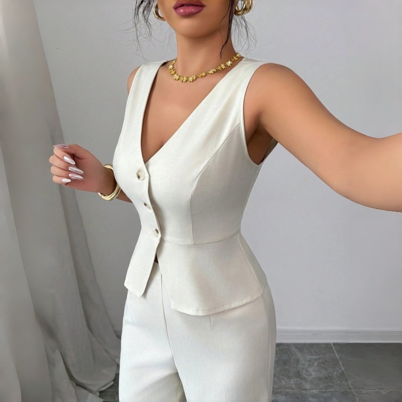New Fashion Women's Two Piece Outfit Sleeveless V Neck Peplum Vest and High Waist Wide Leg Pants Set Solid Color Formal Casual Business Suit