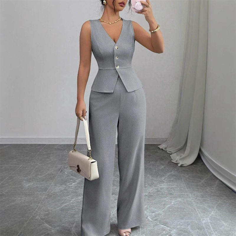 New Fashion Women's Two Piece Outfit Sleeveless V Neck Peplum Vest and High Waist Wide Leg Pants Set Solid Color Formal Casual Business Suit