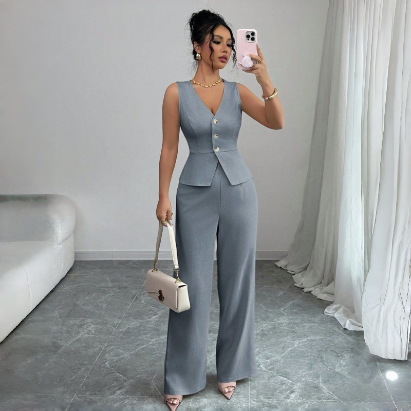 New Fashion Women's Two Piece Outfit Sleeveless V Neck Peplum Vest and High Waist Wide Leg Pants Set Solid Color Formal Casual Business Suit