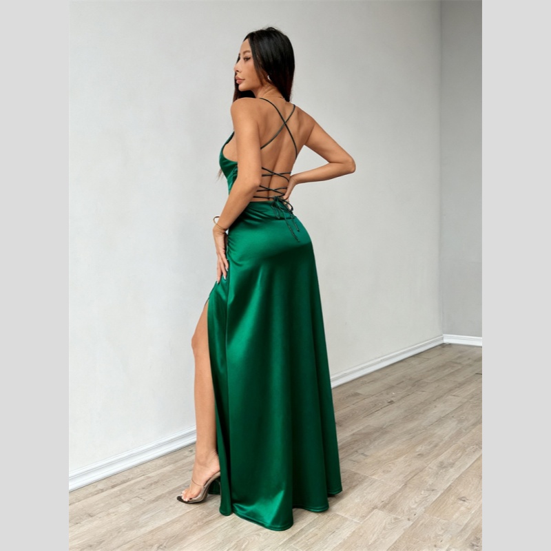 New Arrival Premium Satin Spaghetti Strap Evening Dress V-Neck Ruched High Slit Bodycon Maxi Elegant Formal Party Prom Gown for Women Special Occasions