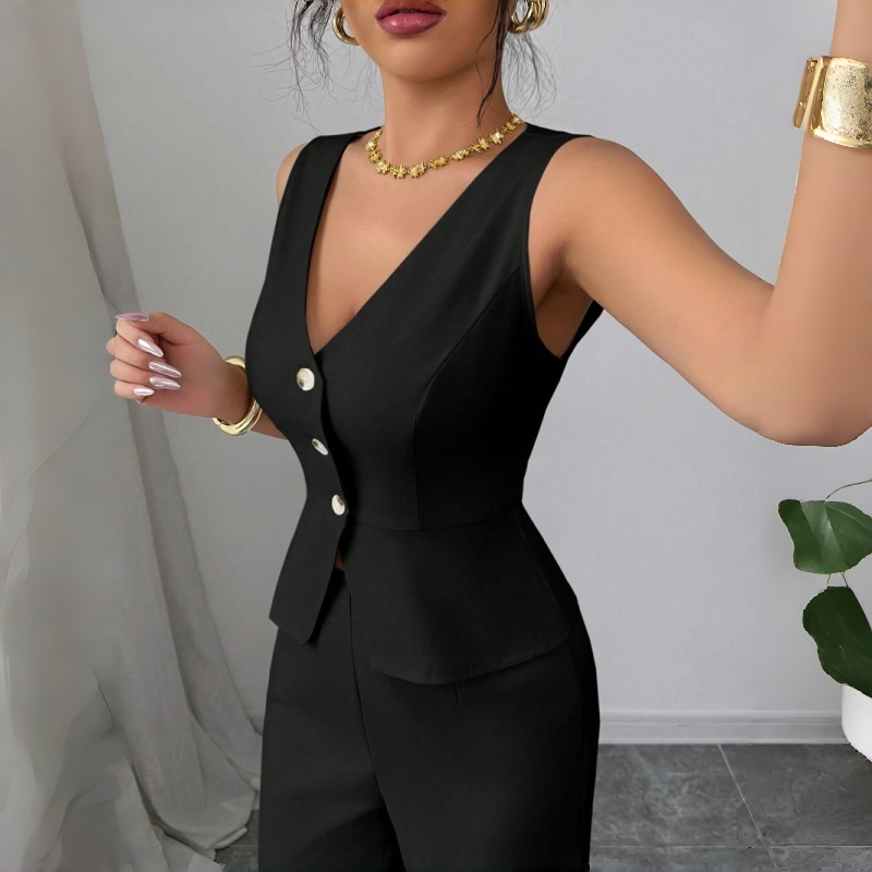 New Fashion Women's Two Piece Outfit Sleeveless V Neck Peplum Vest and High Waist Wide Leg Pants Set Solid Color Formal Casual Business Suit