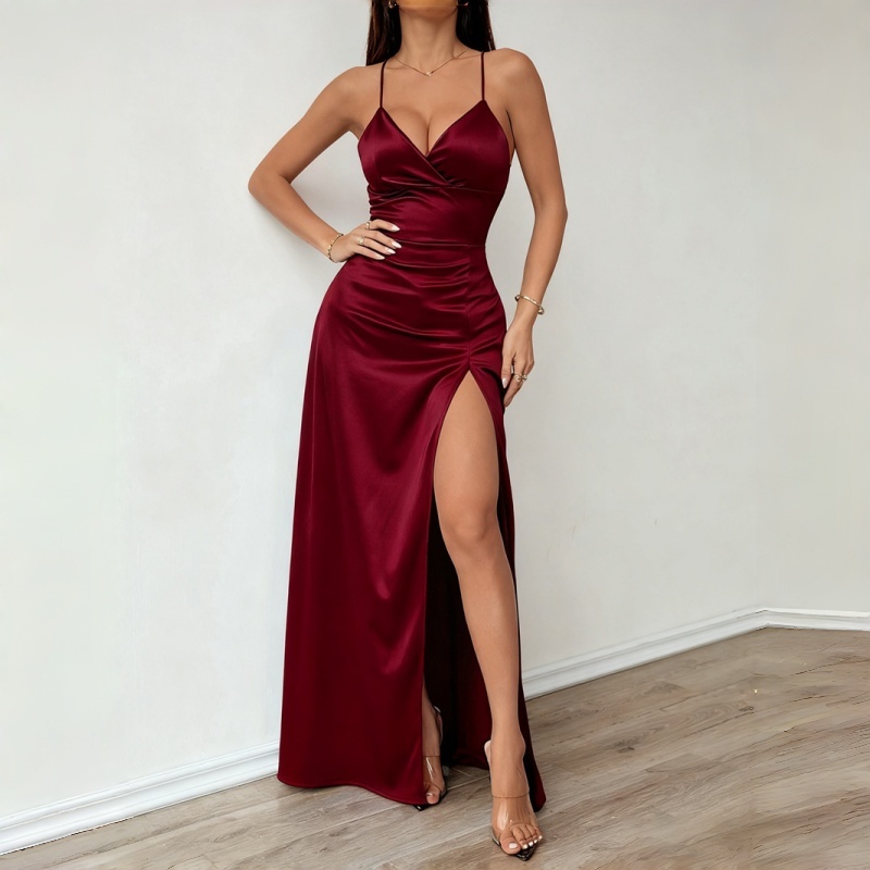 New Arrival Premium Satin Spaghetti Strap Evening Dress V-Neck Ruched High Slit Bodycon Maxi Elegant Formal Party Prom Gown for Women Special Occasions
