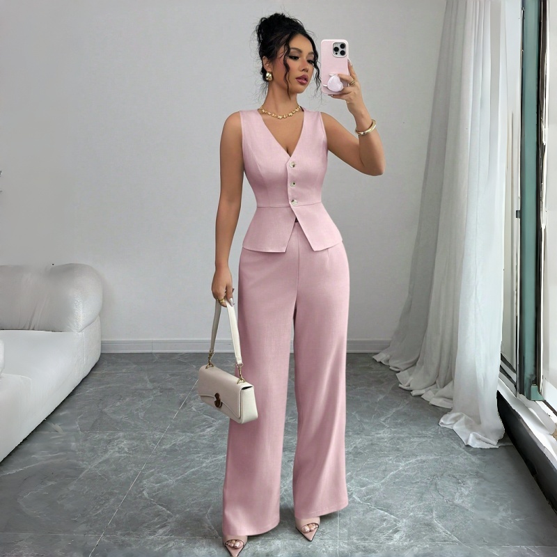 New Fashion Women's Two Piece Outfit Sleeveless V Neck Peplum Vest and High Waist Wide Leg Pants Set Solid Color Formal Casual Business Suit