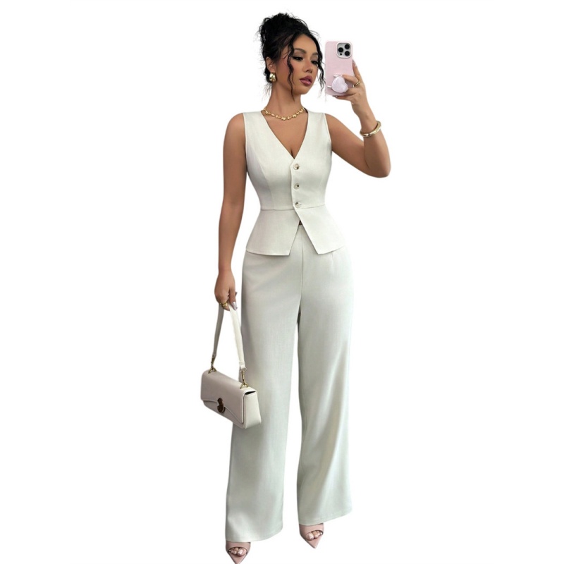 New Fashion Women's Two Piece Outfit Sleeveless V Neck Peplum Vest and High Waist Wide Leg Pants Set Solid Color Formal Casual Business Suit