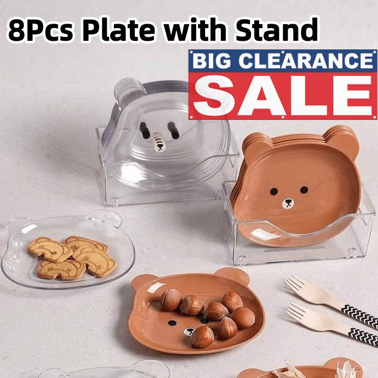 【Clearance Sale】Food Grade 8Pcs Plate with Stand Cartoon Bear Shape Reusable Plastic Plate Multi-function Creative Spit Bone Dish Household Dish Elliptical Plate Set Dining Table Garbage Platel
