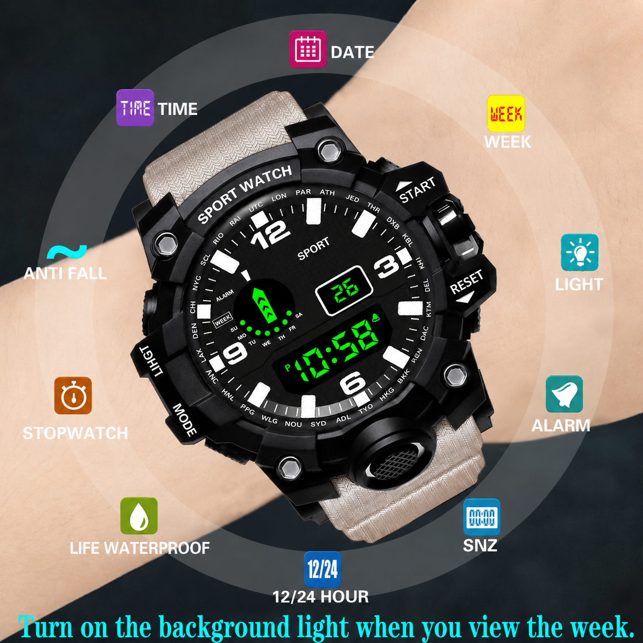 Sport Watch Digital Waterproof Watches Sport Military Tactical Analogue Watch Outdoor Electronic Ladies Wrist Watch LED Luminous Alarm Stopwatch Calendar Week Watches