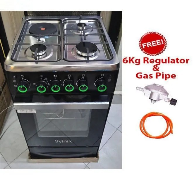 SYINIX 50cm x 55cm, 3 Gas +1 Electric Standing Cooker with Electric Oven + FREE GAS PIPE AND 6KG REGULATOR