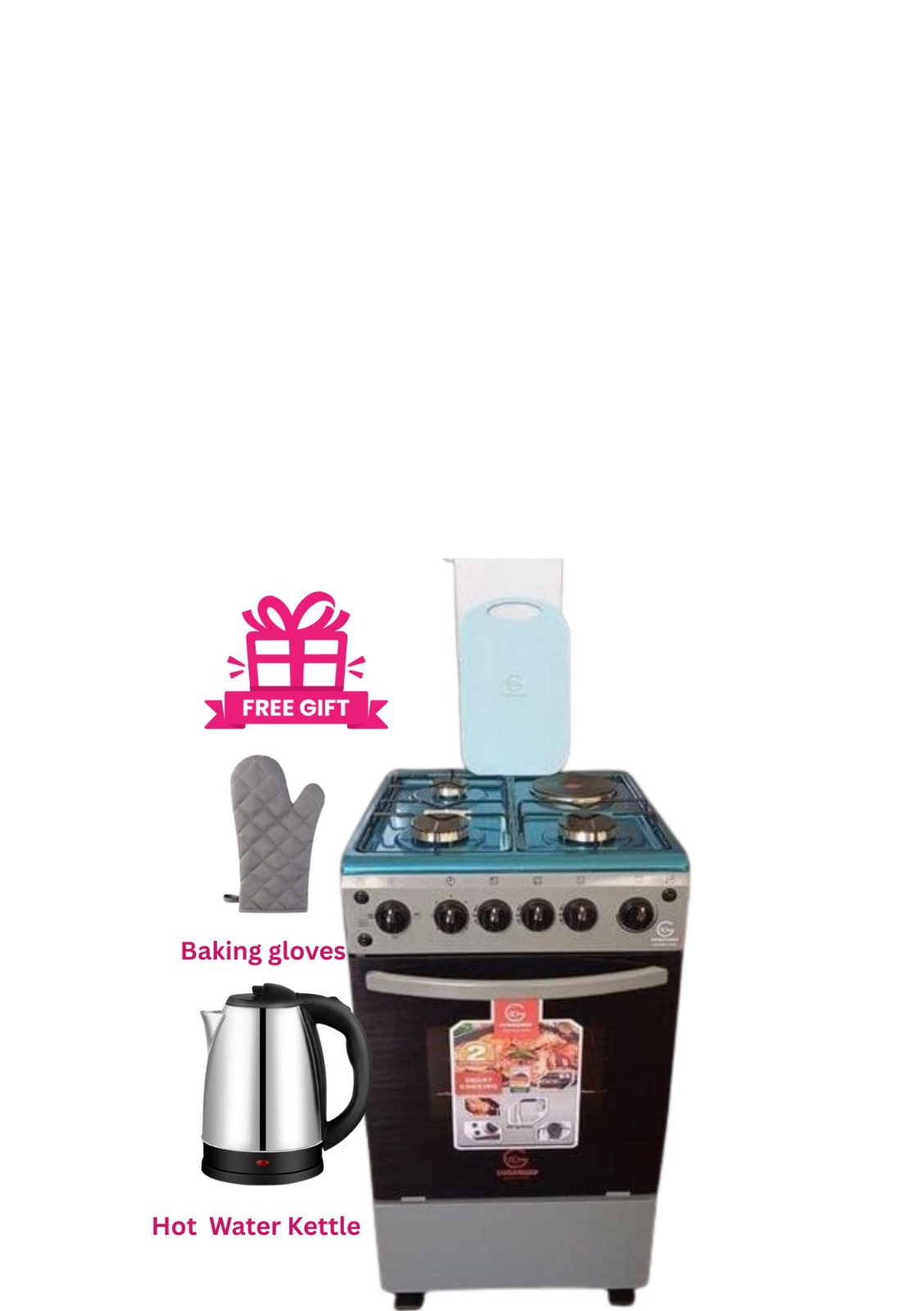 EUROCHEF 50 X 55, 3 Jet Gas + 1 Rapid Plate Standing Cooker with Electric Oven PLUS FREE ELECTRIC KRTTLE & GLOVE