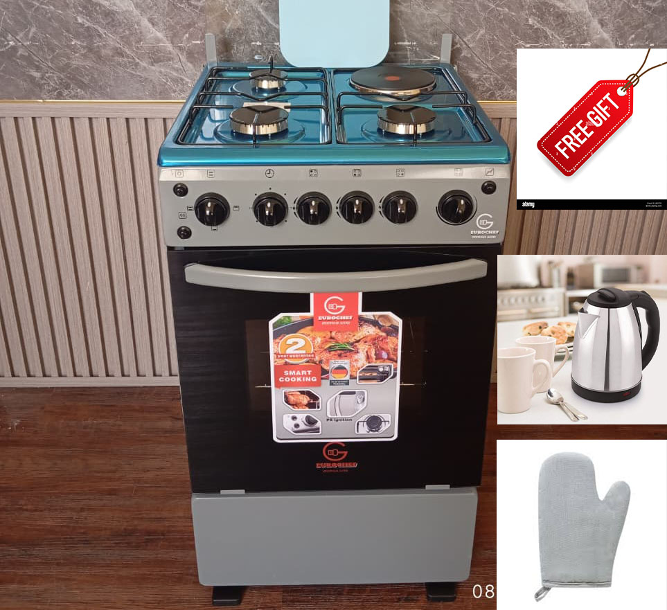 EUROCHEF 50 X 55, 3 Jet Gas + 1 Rapid Plate Standing Cooker with Electric Oven PLUS FREE ELECTRIC KRTTLE & GLOVE