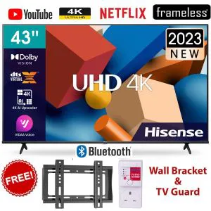 HISENSE  43'' INCH 43A6 SMART TV ULTRA HD 4K LED TV , BLUETOOTH ENABLED TELEVISION, HDR FRAMELESS, NETFLIX,YOUTUBE TV,DOLBY AUDIO,VIDAA OS +FREE WALL BRACKET AND TV GUARD-2YR WARRANTY