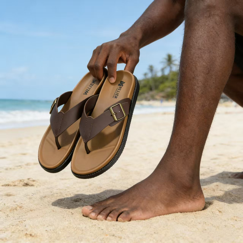 Men's Summer Flip-Flops, Flat, Toe-Clasp, Square Buckle