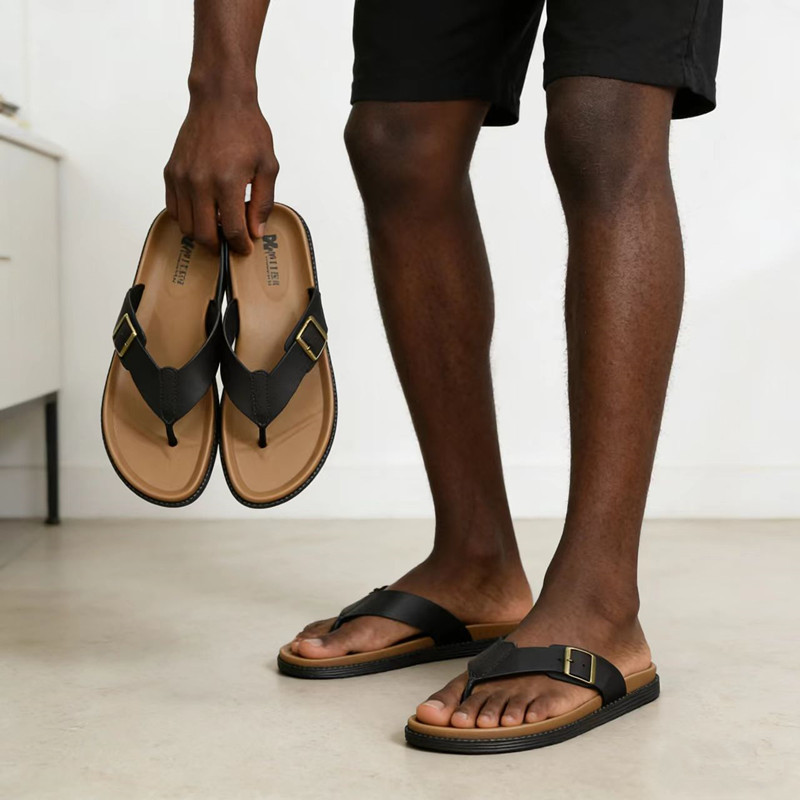 Men's Summer Flip-Flops, Flat, Toe-Clasp, Square Buckle