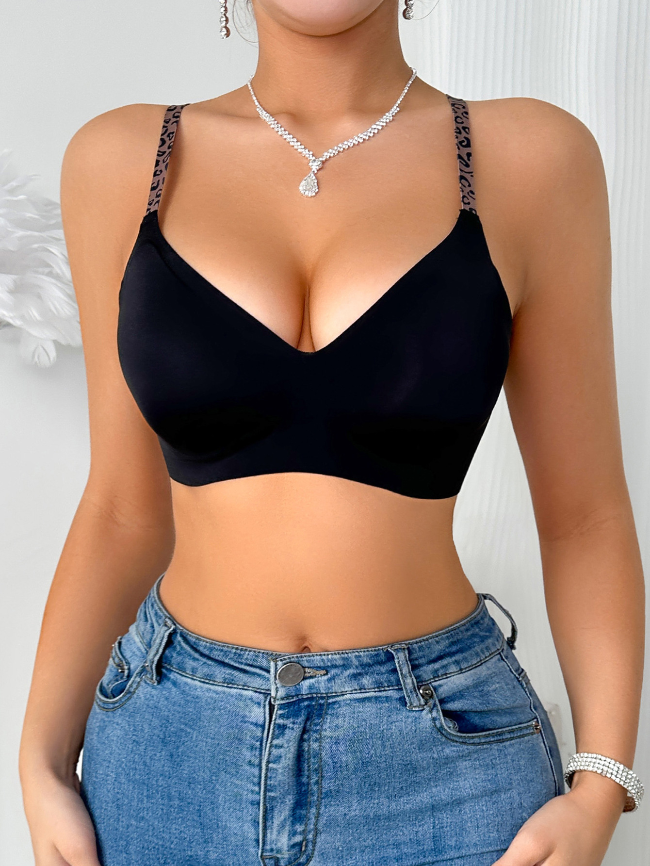 European and American style leopard print bikini sexy lingerie set, push-up bra for large breasts, leopard print thong underwear for women.