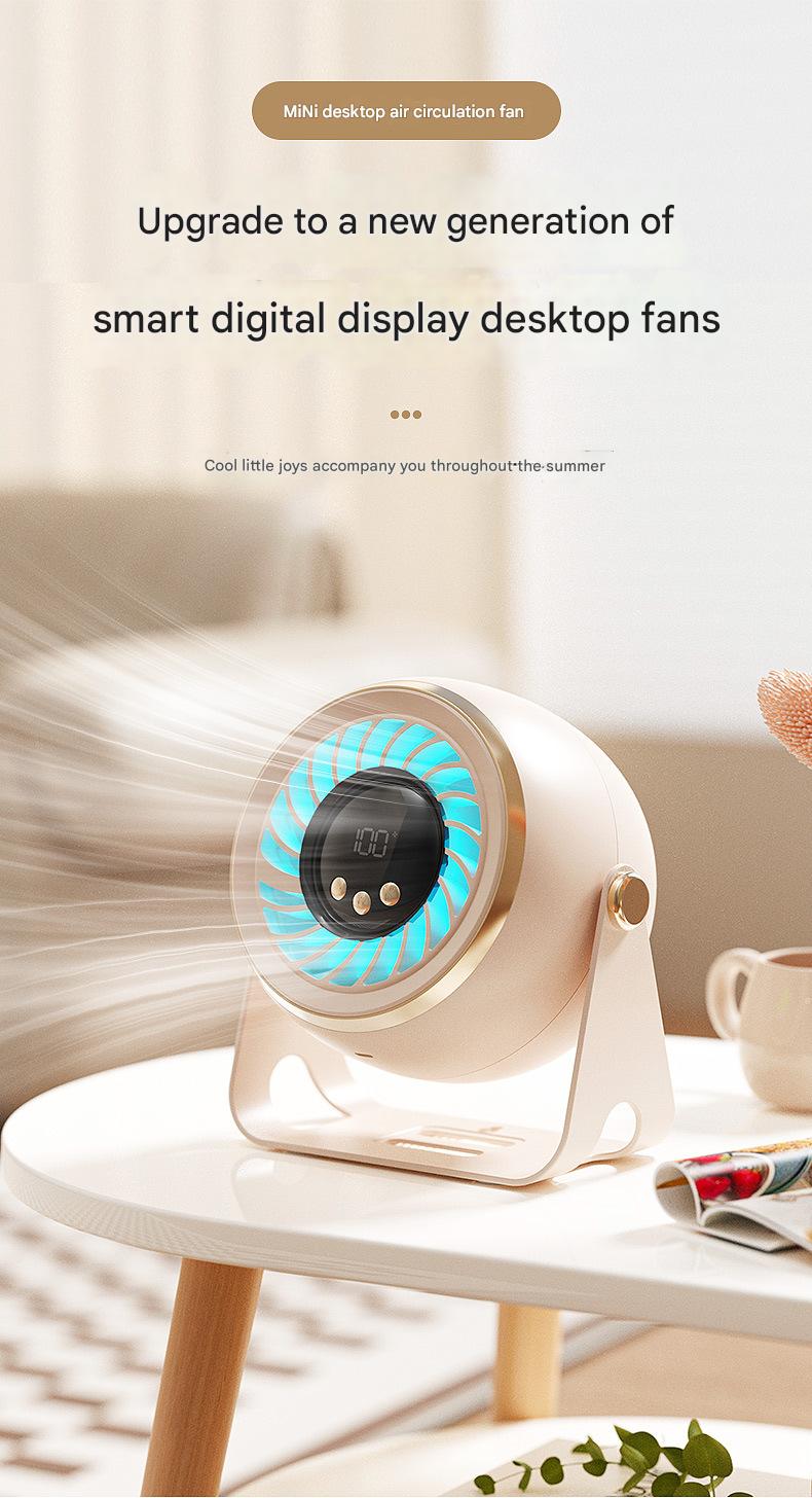 Mini desktop fan, USB rechargeable, portable, suitable for dormitories and offices, wall-mounted, digital display, circulating fan.