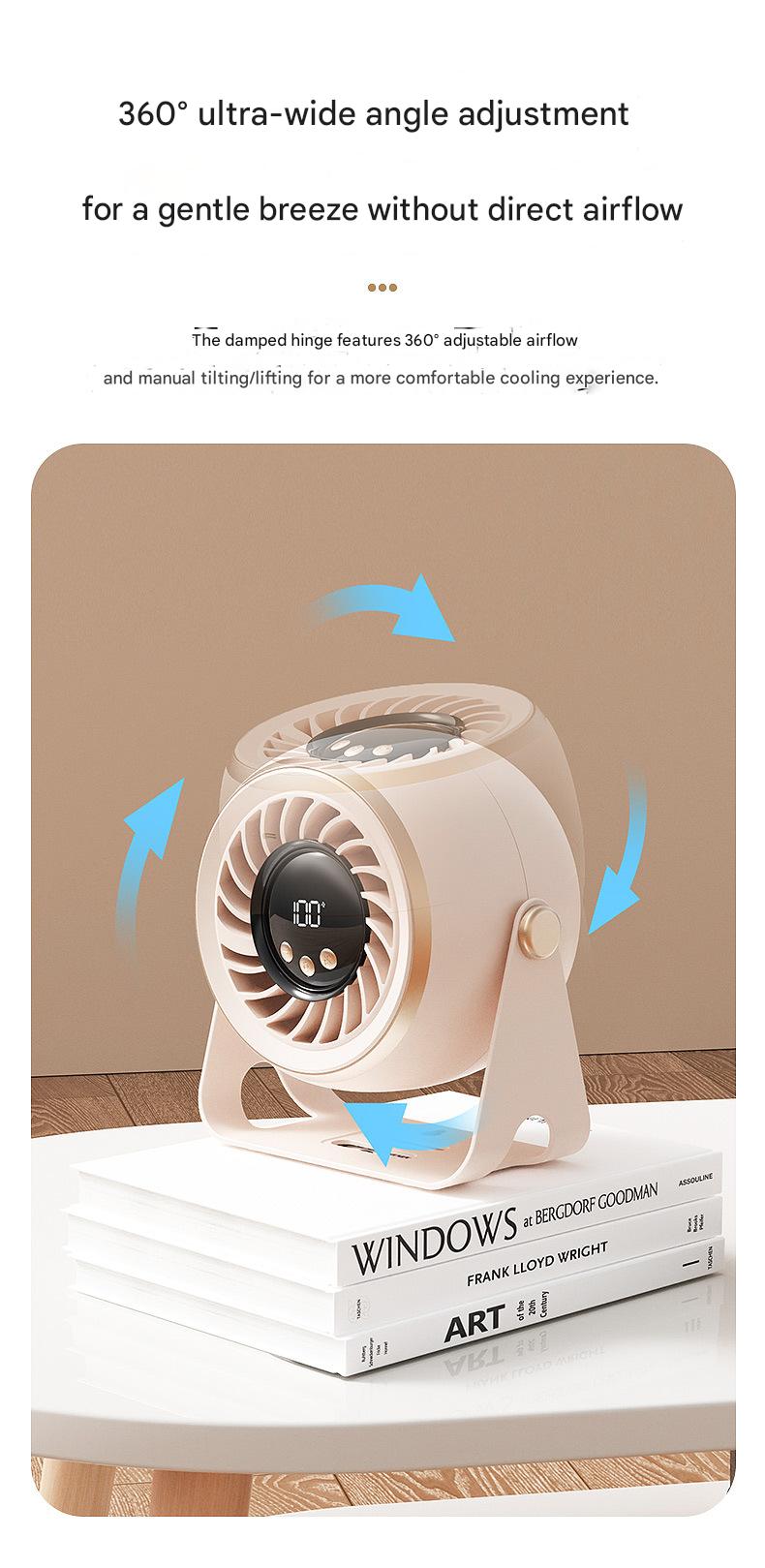 Mini desktop fan, USB rechargeable, portable, suitable for dormitories and offices, wall-mounted, digital display, circulating fan.