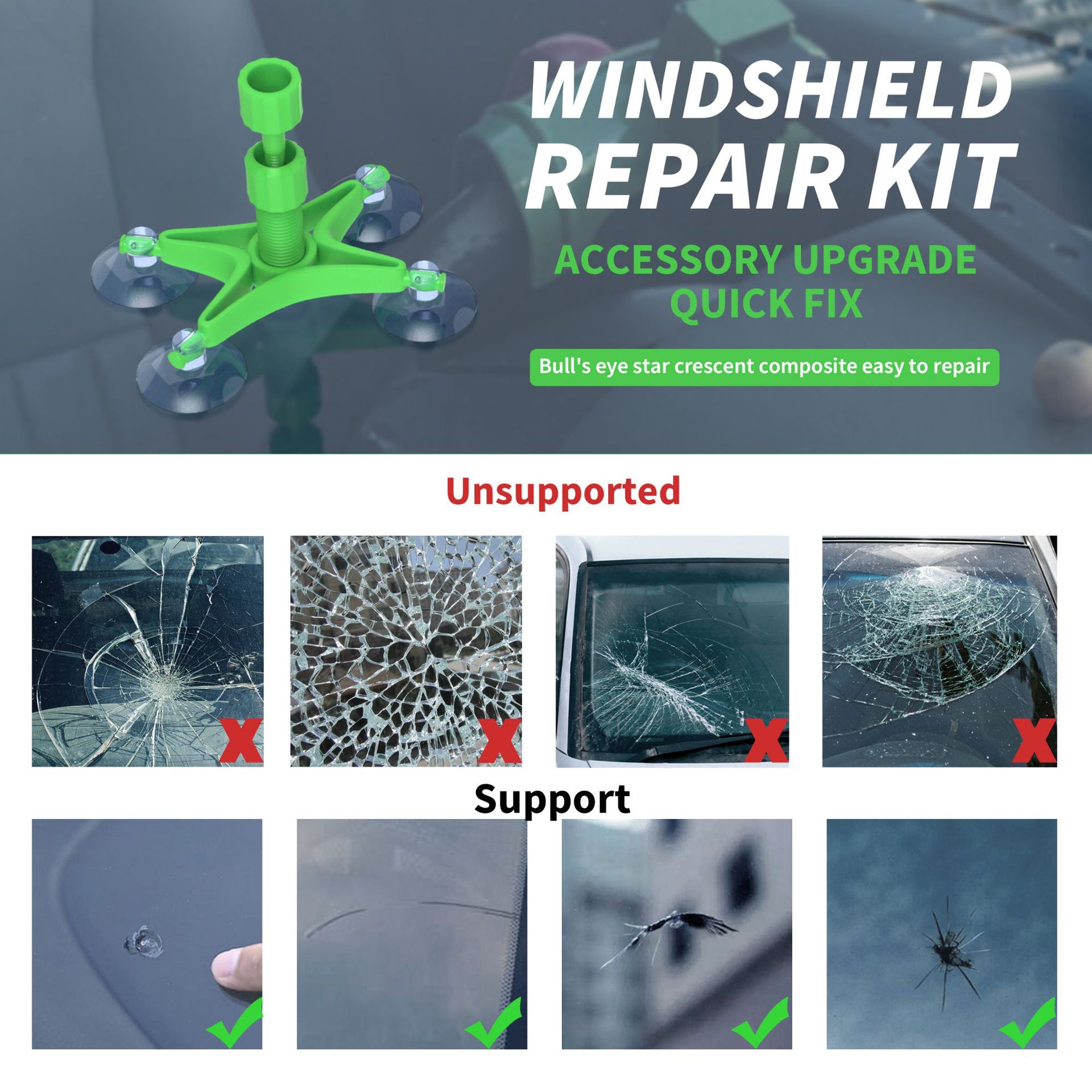 Car glass repair tools, windshield crack repair fluid, DIY