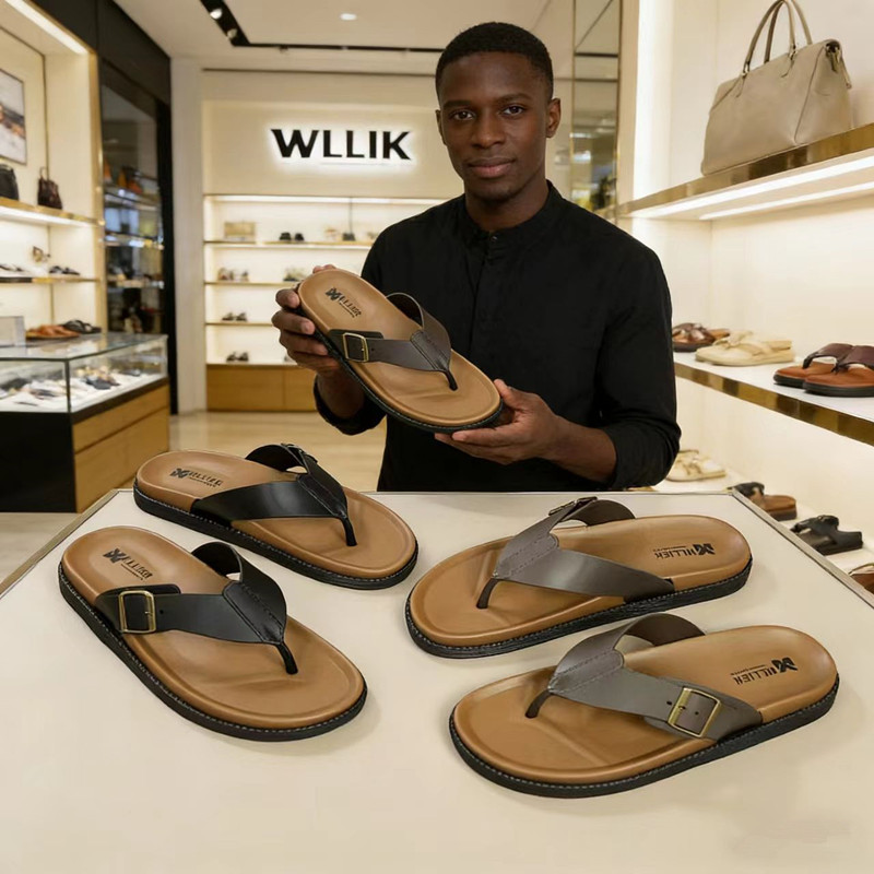 Men's Summer Flip-Flops, Flat, Toe-Clasp, Square Buckle