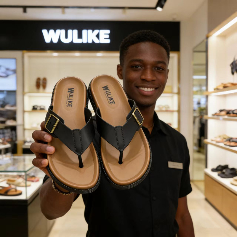 Men's Summer Flip-Flops, Flat, Toe-Clasp, Square Buckle