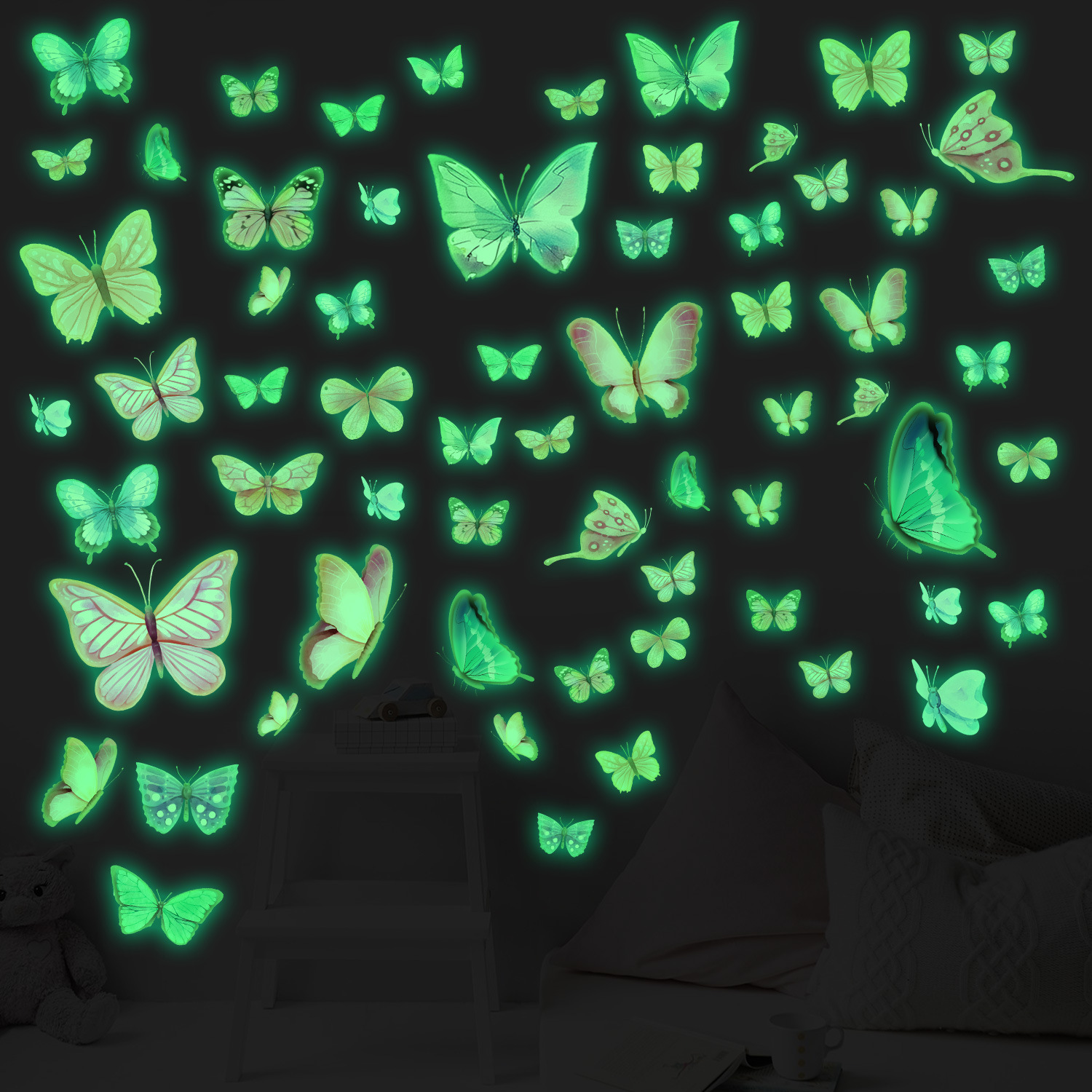 57 glow-in-the-dark butterfly stickers for bedroom, living room, and wall decoration.