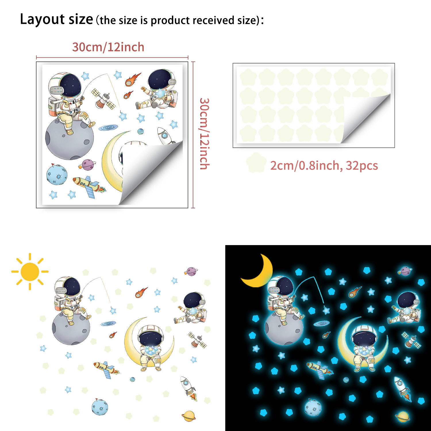 Space astronaut star glow-in-the-dark wall stickers for children's rooms and kindergartens, featuring a cute cartoon background of the universe and starry sky.