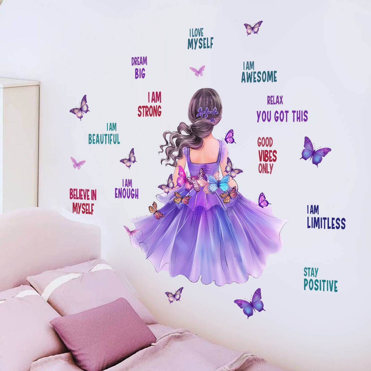 Blue dress, beautiful woman, butterfly sticker, cross-border Amazon decorative wall sticker, girl's room, bedroom wall, warm and cozy.