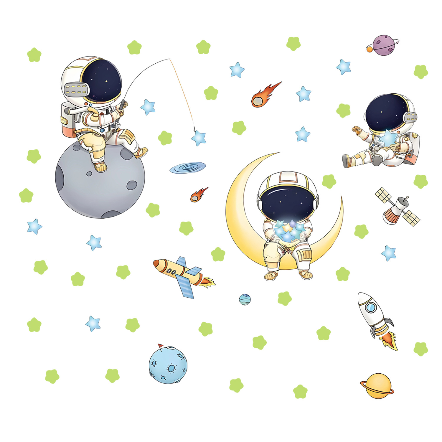 Space astronaut star glow-in-the-dark wall stickers for children's rooms and kindergartens, featuring a cute cartoon background of the universe and starry sky.