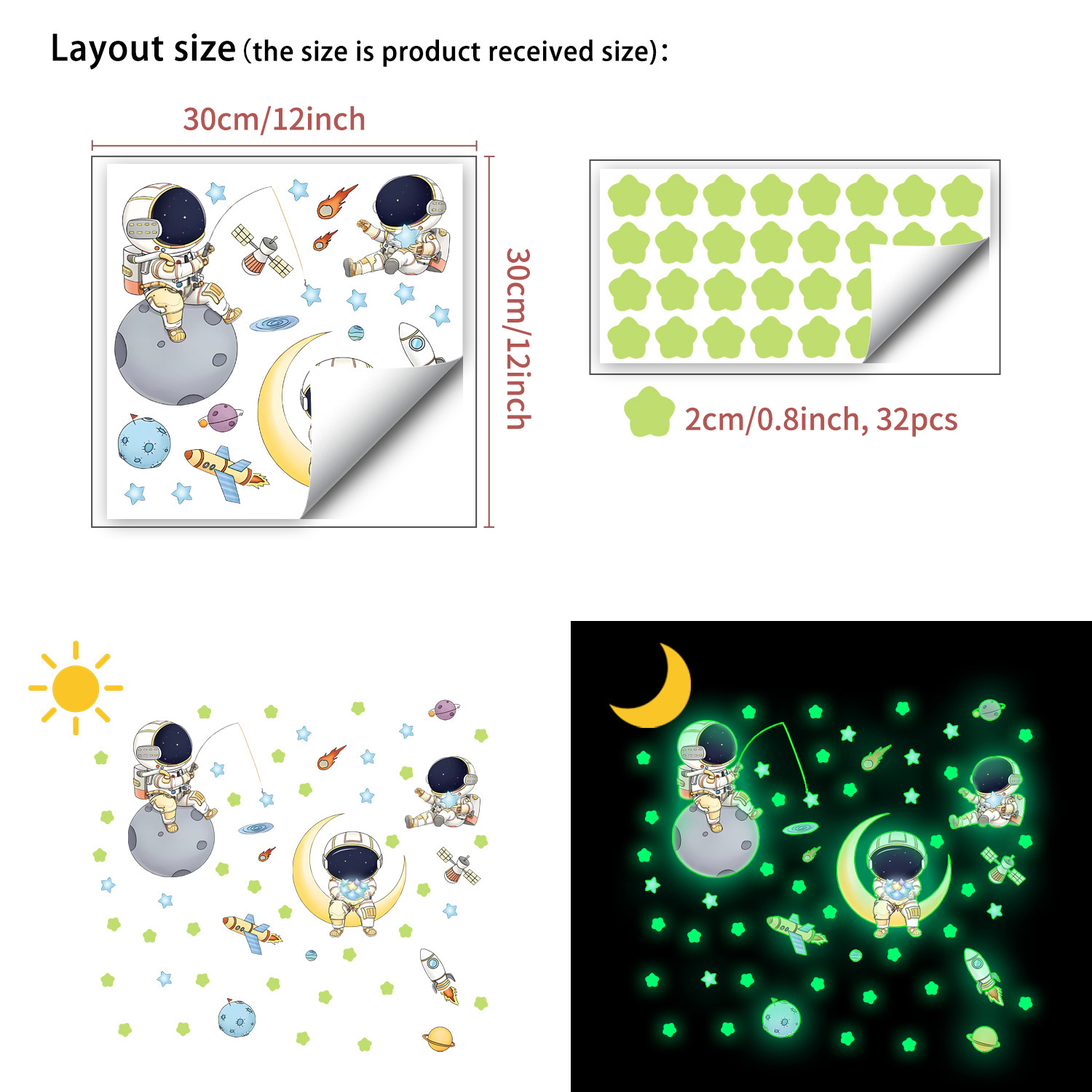 Space astronaut star glow-in-the-dark wall stickers for children's rooms and kindergartens, featuring a cute cartoon background of the universe and starry sky.