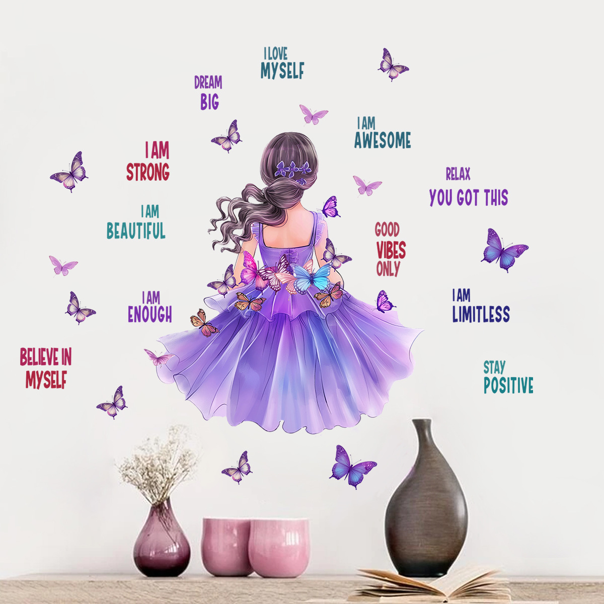 Blue dress, beautiful woman, butterfly sticker, cross-border Amazon decorative wall sticker, girl's room, bedroom wall, warm and cozy.