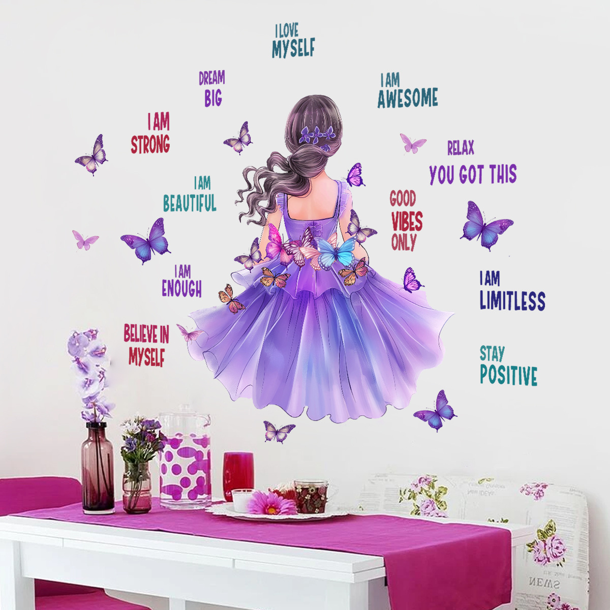 Blue dress, beautiful woman, butterfly sticker, cross-border Amazon decorative wall sticker, girl's room, bedroom wall, warm and cozy.