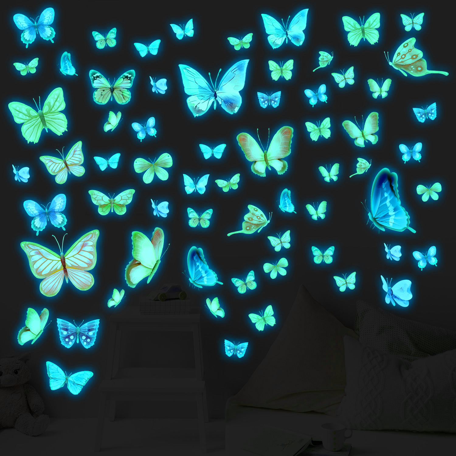 57 glow-in-the-dark butterfly stickers for bedroom, living room, and wall decoration.