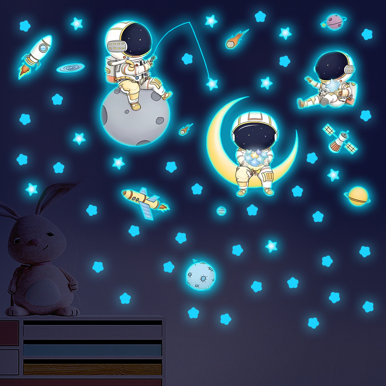 Space astronaut star glow-in-the-dark wall stickers for children's rooms and kindergartens, featuring a cute cartoon background of the universe and starry sky.