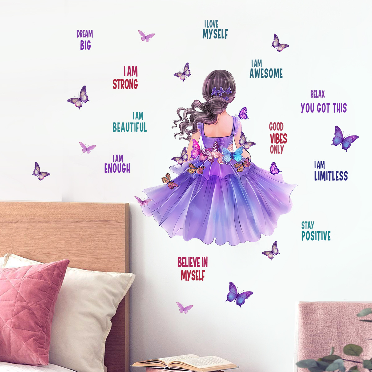 Blue dress, beautiful woman, butterfly sticker, cross-border Amazon decorative wall sticker, girl's room, bedroom wall, warm and cozy.