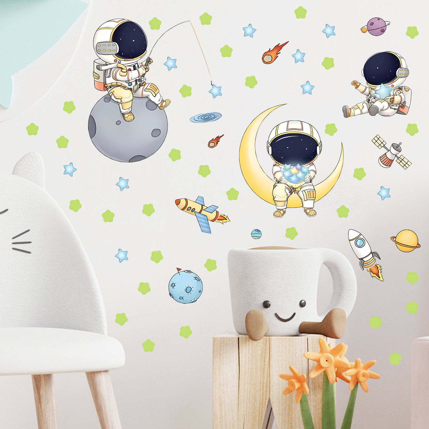 Space astronaut star glow-in-the-dark wall stickers for children's rooms and kindergartens, featuring a cute cartoon background of the universe and starry sky.