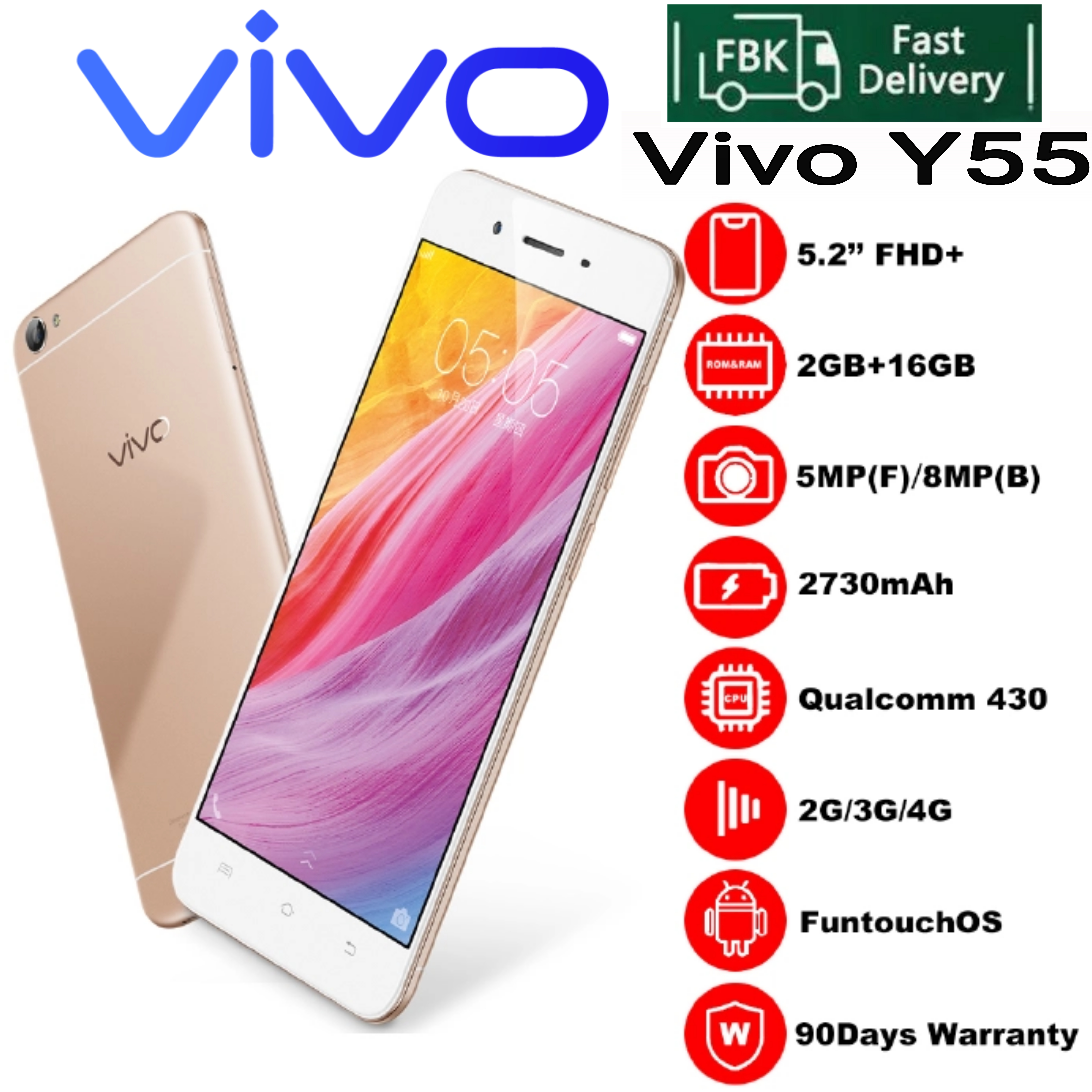 Refurbished VIVO Y55 – 4GB RAM + 16GB ROM 5.2" Screen 2650mAh 8MP Camera Dual SIM Android Smartphone