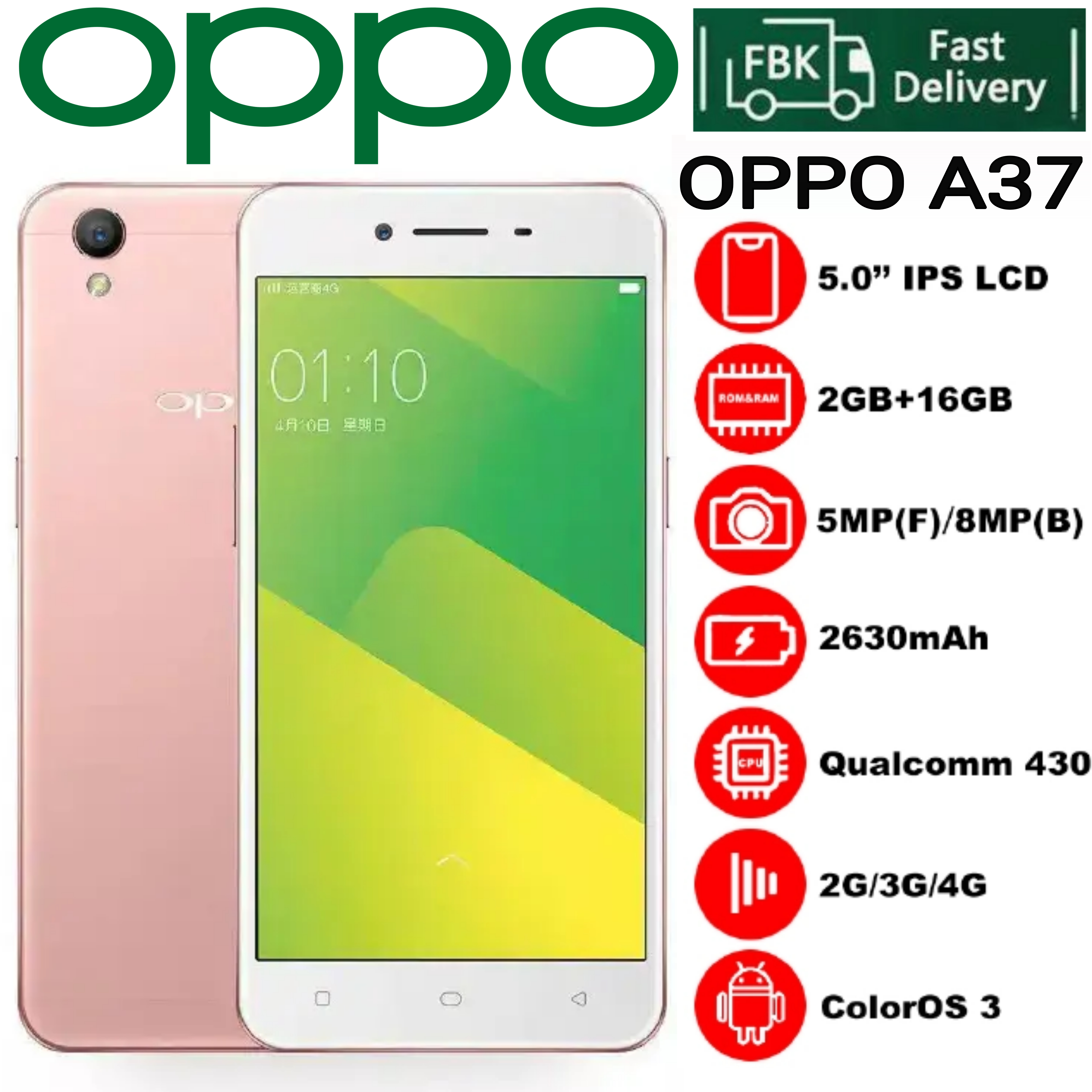 Refurbished OPPO A37 2GB RAM 16GB ROM 5" Screen 2630 mAh Dual SIM 5MP+8MP Android Smartphones/ Mobile Phones
