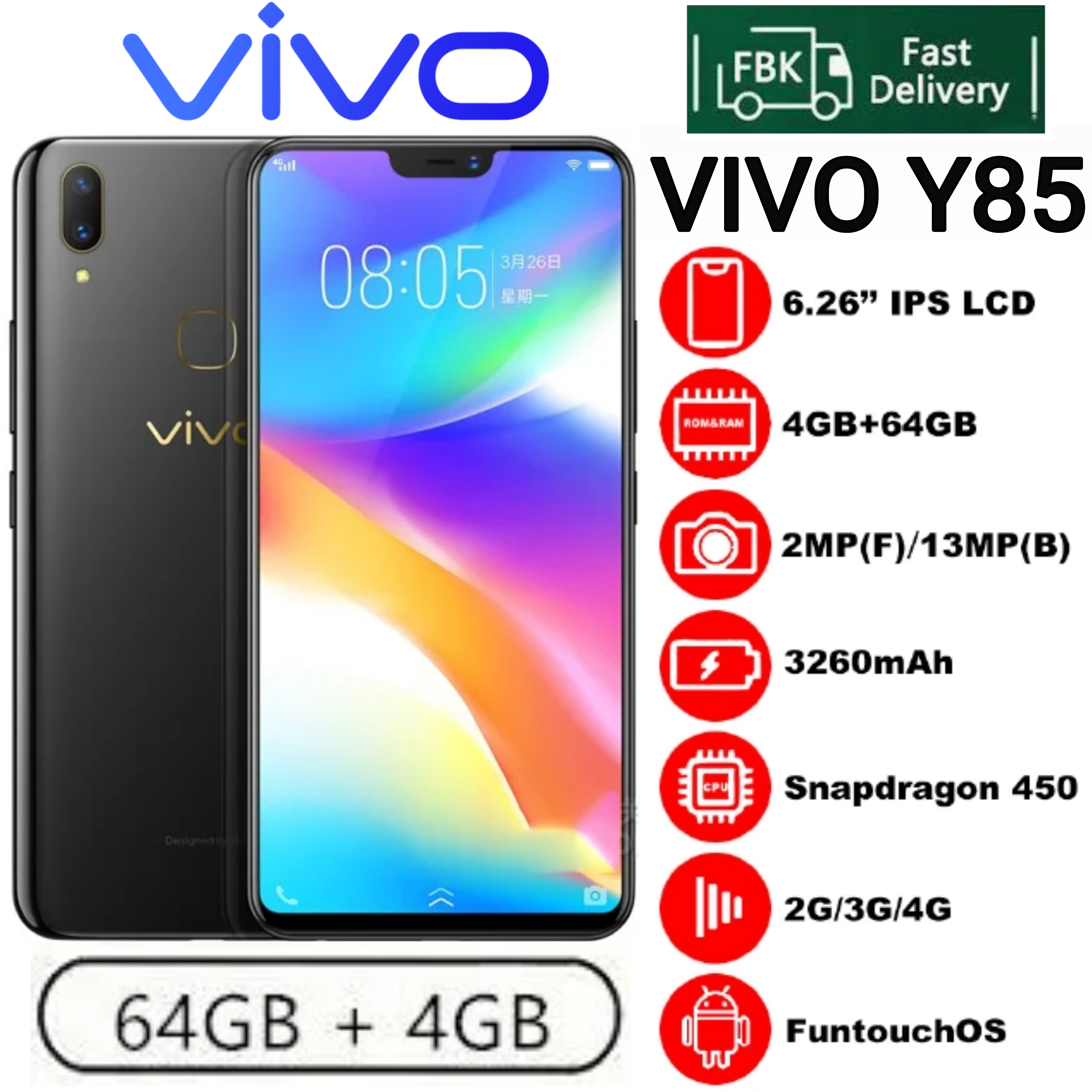 Refurbished VIVO Y85, 4GB RAM + 64GB ROM Storage, 6.26", 13MP+2MP 3260 mAh Dual SIM Android Smartphones/ Mobile Phones