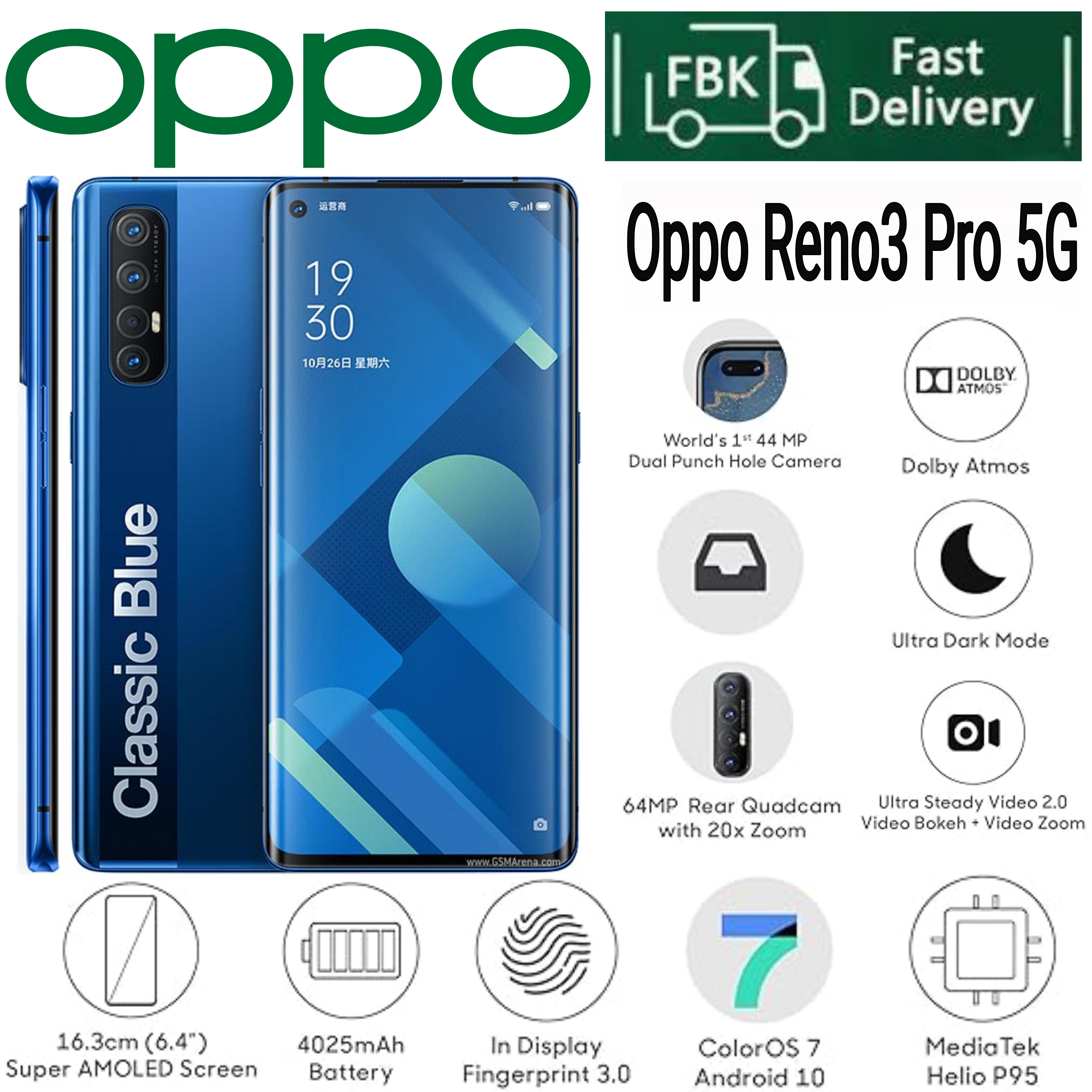 Refurbished Phone OPPO Reno 3 Pro 8GB RAM 90hz Super AMOLED Curved Screen 128GB Storage in-Display Fingerprint 64MP+13MP 4025 mAh 99% New Dual MediaTek Helio P95 (12 nm) OPPO Reno 3 Pro Smart Phone