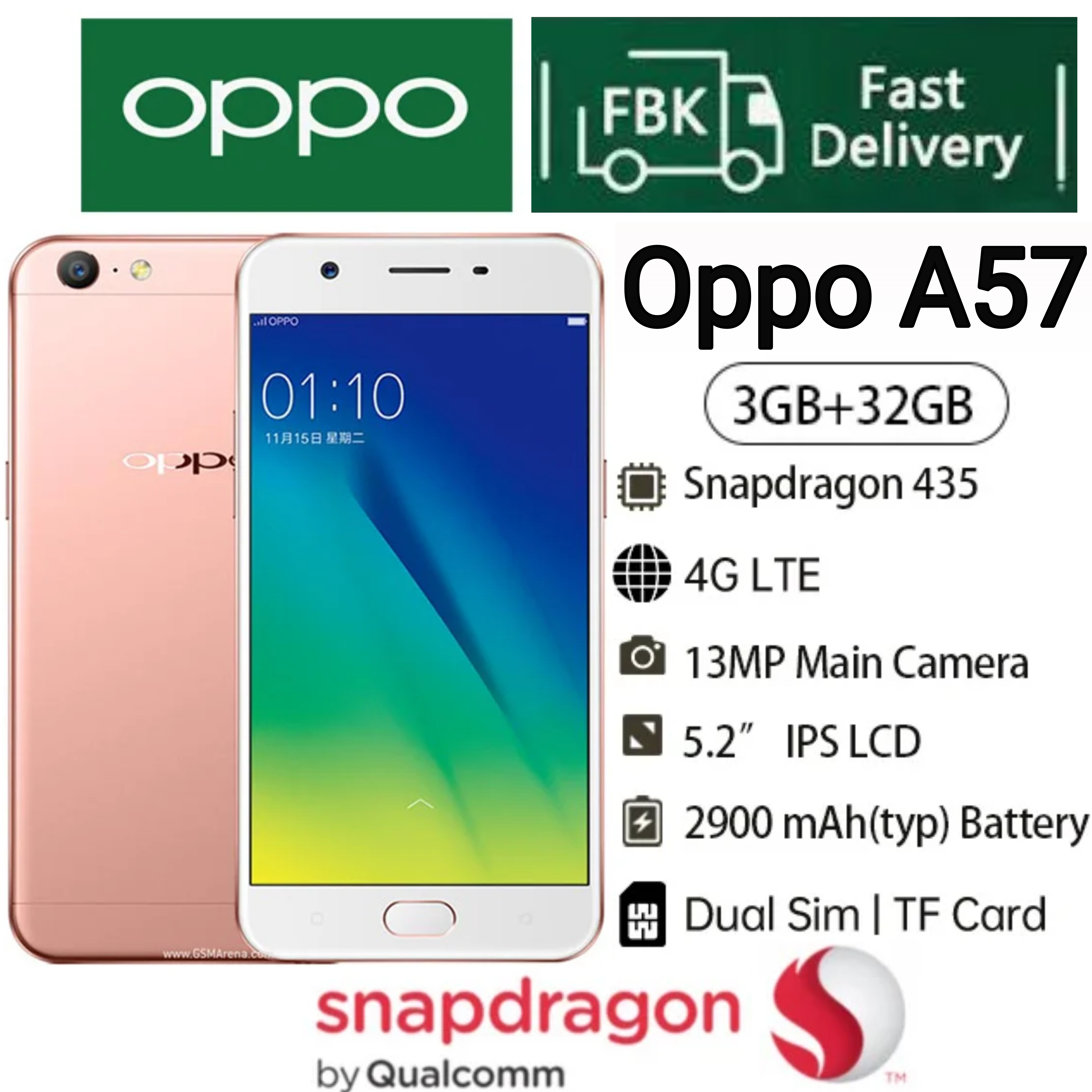 Refurbished OPPO A57 3GB RAM 32GB ROM Storage 5" Screen 2630 mAh Dual SIM 5MP+8MP Android Smartphones/ Mobile Phones