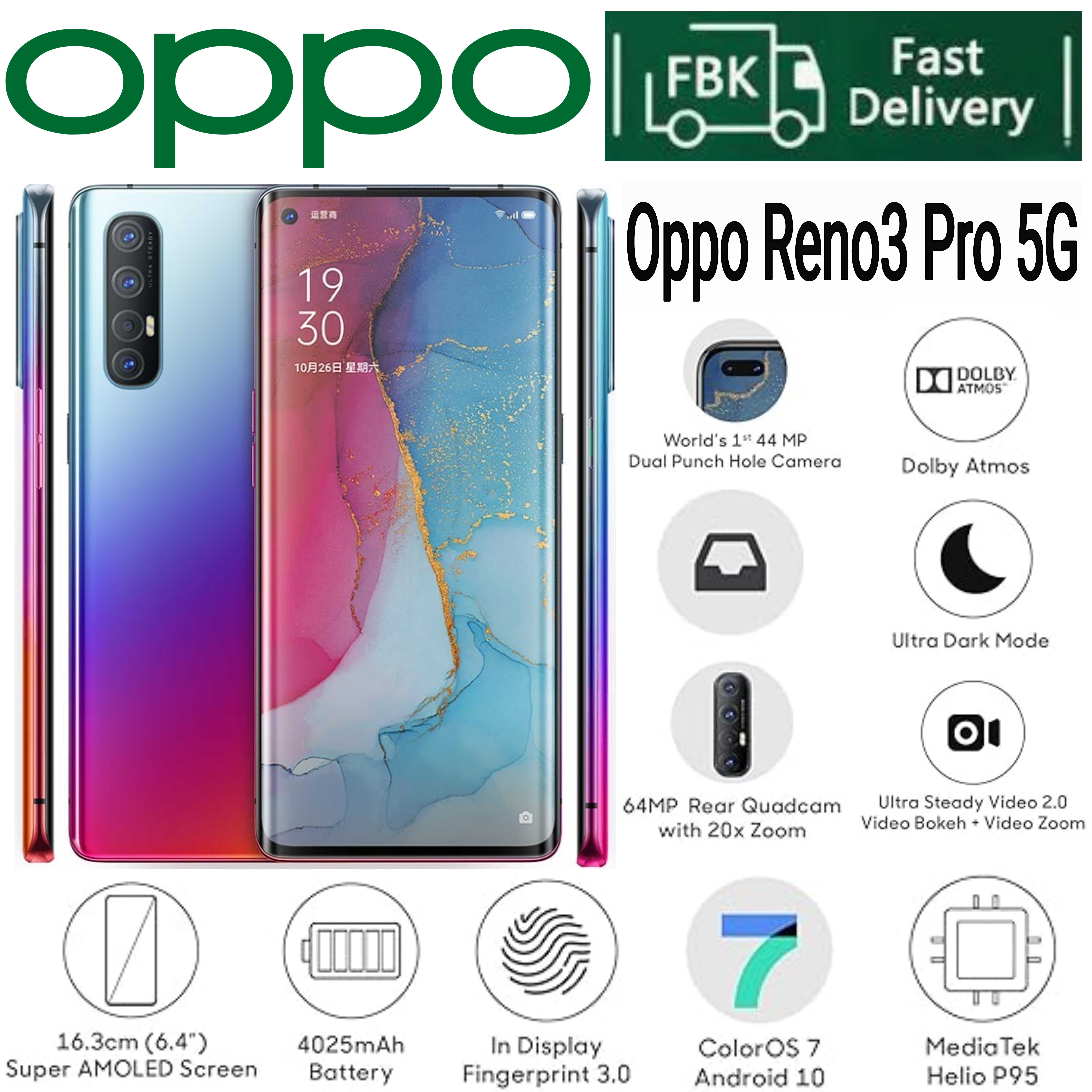 Refurbished Phone OPPO Reno 3 Pro 8GB RAM 90hz Super AMOLED Curved Screen 128GB Storage in-Display Fingerprint 64MP+13MP 4025 mAh 99% New Dual MediaTek Helio P95 (12 nm) OPPO Reno 3 Pro Smart Phone